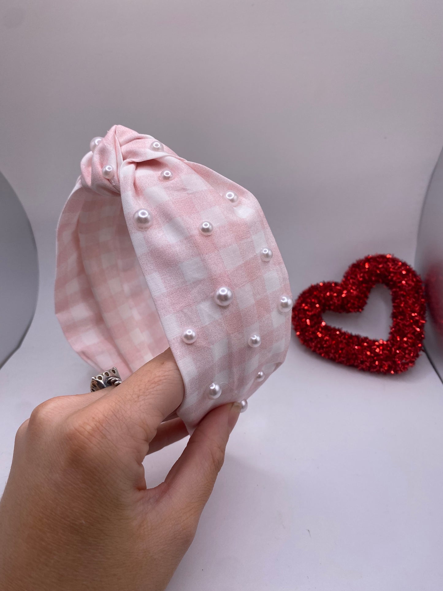 Pink Gingham Headband with Gems